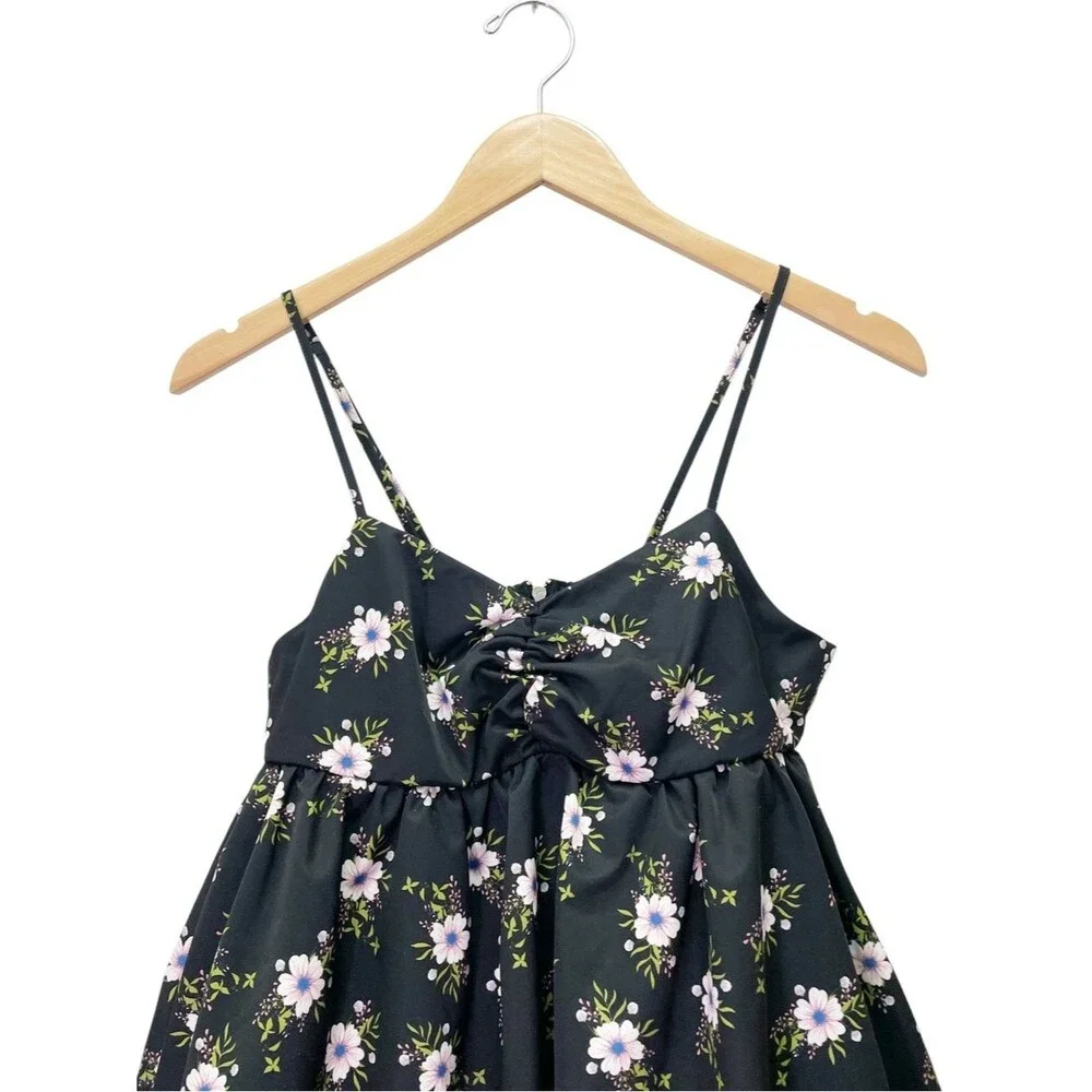 Free People In A Bubble Mini Dress Size XS Black Floral Bubble Hem Empire Waist